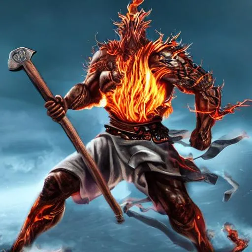 Prompt: God of fire, hyper detailed, full body, axe in hand, aggressive gesture, looking into camera, 