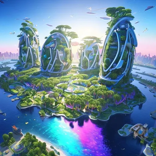 Prompt: Create a stunning artwork of a high-tech eco-city on a beautiful planet. Picture lush landscapes, crystal-clear waters, and vibrant skies. Design the city with sustainable architecture, advanced technology, and renewable energy sources. Incorporate futuristic elements like holographic gardens, floating parks, and smart buildings. Show a diverse and happy community living harmoniously with nature. Illuminate the scene with warm glows and convey hope for a sustainable future.