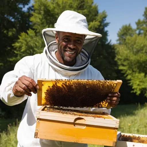 Prompt: black beekeeper holding up a slice of his beehive box full of honey comb 