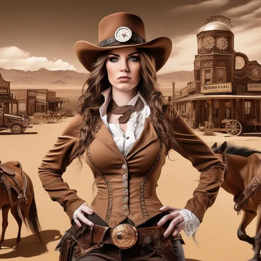 Prompt: beautiful female cowgirl in a steampunk style western town in desert fighting wild creatures by Larry Carlson