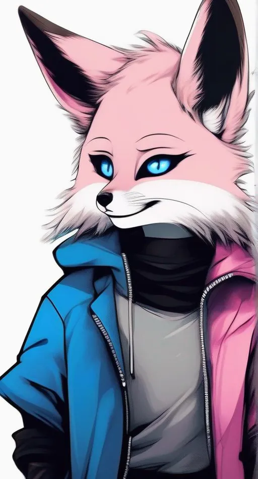 Prompt: blue punk hair, pink fennec fox, blue eyes,  dark brown long sweater with sleeves, black pants with a black belt
