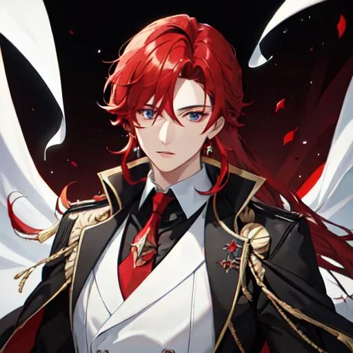 Prompt: Zerif 1male (Red side-swept hair covering his right eye) wearing a black royal suit, white cape, 