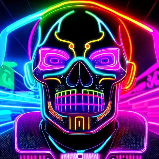 Prompt: A striking calavera in a city street with neon lights, painted in a futuristic style with digital glitches, edgy, modern, cyberpunk, and glitchy, with intricate details in 8k resolution
