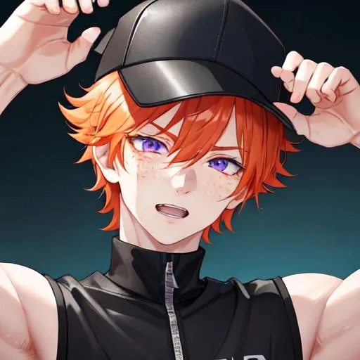 Prompt: Erikku male (short ginger hair, freckles, right eye blue left eye purple) muscular, UHD, 8K, Highly detailed, insane detail, best quality, high quality. hands in the air, wearing a sideways baseball cap, black jacket, black shorts, streetwear