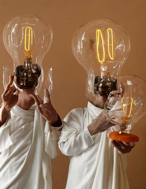 Prompt: two faceless monks, white latex outfit, a light bulb in their hands