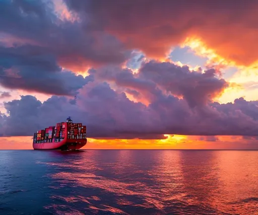 Prompt: a container vessel with no name on the ocean with a beautiful sunset reflecting in the clouds behind it