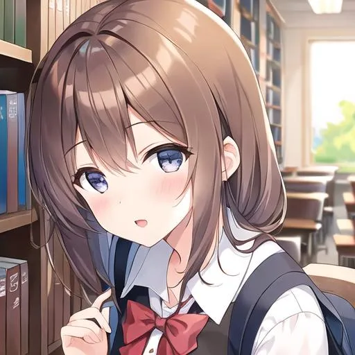 Prompt: A young school girl, Brown hair, in a Library