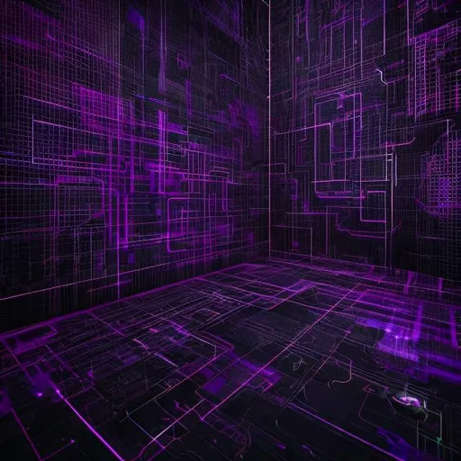 Prompt: A technological grid backdrop infused with circuit patterns, featuring camera lenses of various sizes subtly integrated. The entire theme is dominated by shades of purple, with glowing neon accents, giving it a modern and futuristic feel perfect for a presentation about camera lenses. and there should be a platform for put product on it
 