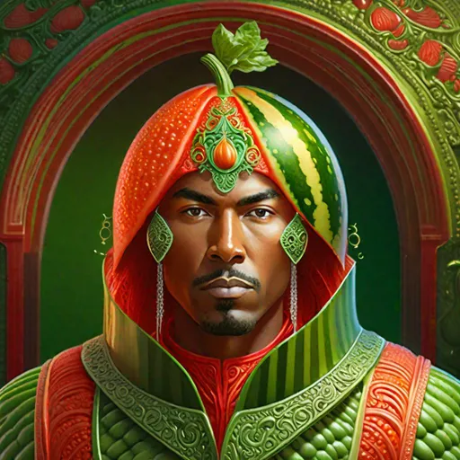 Prompt: "head and shoulder face portrait of a watermelon-green filigree Fruit Vegetable Warrior of food wearing ornate apple-red cloak and carrot-orange ethereal armour standing on an side counter full of kitchenware"
"Hyperrealistic, splash art, concept art, mid shot, intricately detailed, color depth, dramatic, 2/3 face angle, side light, colorful background"