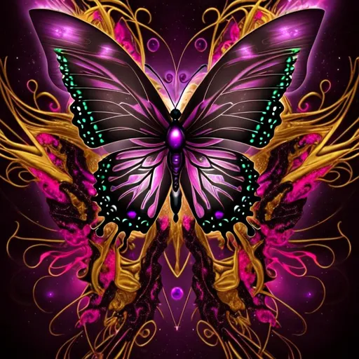 Prompt: beautiful freeform dark chaos epic bold, 3D, HD, {one}({liquid metal {Celtic}butterfly} with {purple gold pink green red silver blood}ink), expansive cosmos background --s99500