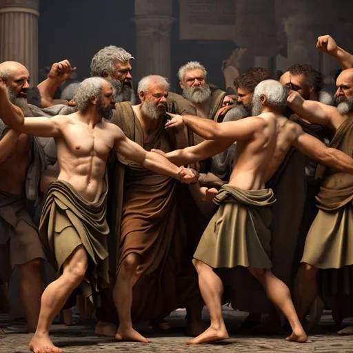 Prompt: mob of angry ancient greek philosophers, full body, Hyperrealistic, sharp focus, Professional, UHD, HDR, 8K, Photo