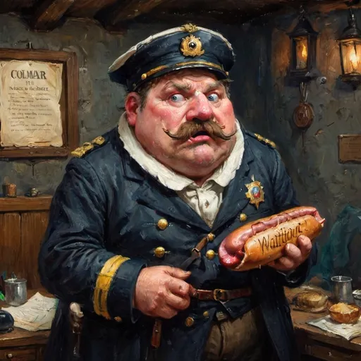 Prompt: A portly, red-faced man in his late 50s, stuffed into a badly fitted guard captain’s uniform that strains at the buttons over his ample belly. His walrus mustache quivers with every exasperated sigh, and his tiny, watery eyes squint suspiciously at everyone—except the actual culprits. He clutches a leather-bound notebook filled with scribbled theories, most crossed out in frustration, and a half-eaten sausage peeks out from his coat pocket. Behind him, the Colmar guardhouse is in mild chaos—a wanted poster flaps loose on the wall, a sleeping guard snores in the corner, and a stray dog chews on a confiscated ‘evidence’ boot. The dim candlelight highlights the sweat on his brow as he points accusingly at a completely innocent bystander. Art style: 
Dark fantasy, cinematic, fantasy movie, colourful