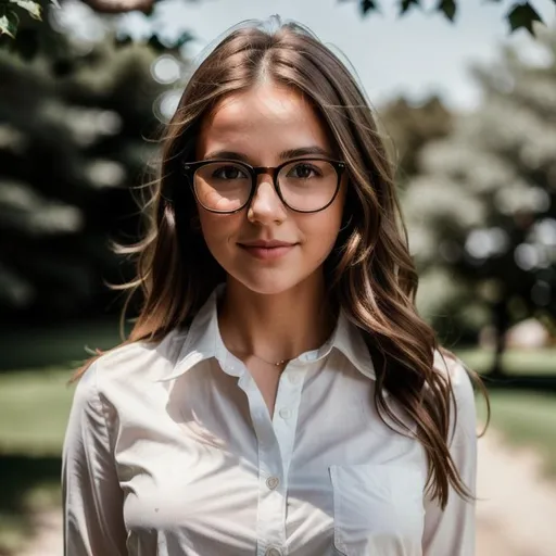 Prompt: photo realistic Landscape of girl wear white shirt and GLASSES, full body, with brown hair and  cute face, centered in frame, facing camera, symmetrical face, ideal human, 8k, 85mm lens,f8, photography, ultra details, natural light, light background, photo, Studio lighting