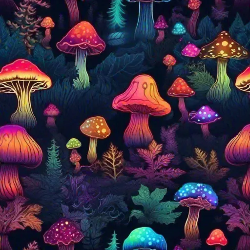 Prompt: Colorful Mushroom in a dark forest, smoke, trippy