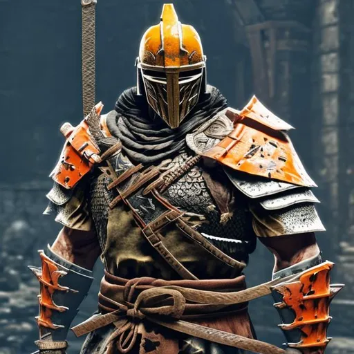 Prompt: The warden from for honor, with sleek armor. The armor has orange colors.