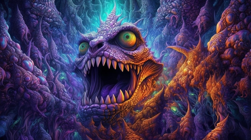 Prompt: an image that shows a scary monster in the middle of many things, in the style of fractalism, dynamic and exaggerated facial expressions, benoit b. mandelbrot, ambient occlusion, psychedelic illustration, phil koch,