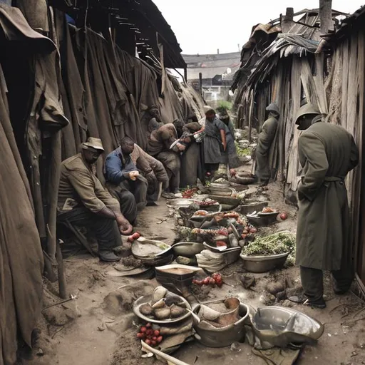 Prompt:  trench warfare, poverty, chef, dining, cooking