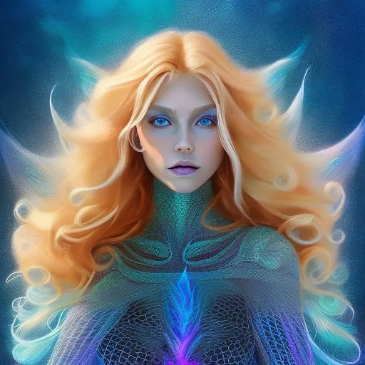 Prompt: highly detailed goddess mermaid, long blonde hair, blue symmetrical eyes, scales tail, luminescent, magical, fantasy art, iridescent colors, ethereal aesthetic, fashion photography, intricate design, underwater, highly detailed, whimsical, amazing 