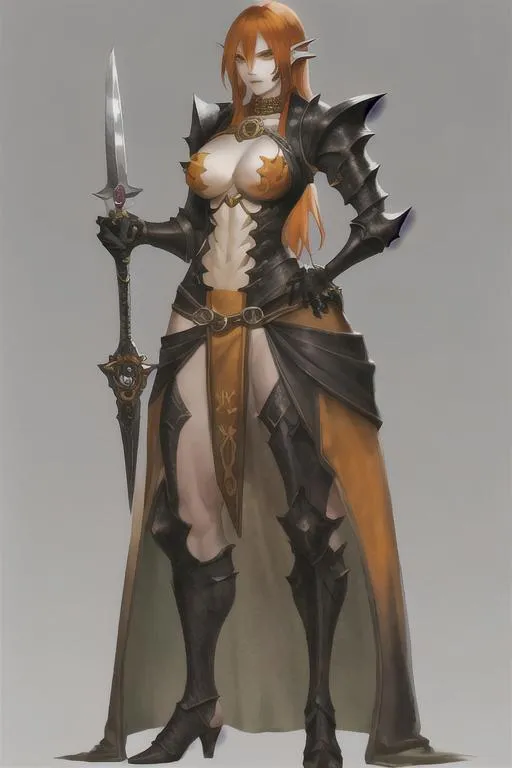 Prompt: Character art, masterpiece, dragonborn, female, ditailed face, fit and tall, orange hair, yellow scales on body, traveling clothes, knife in hand, fantasy 