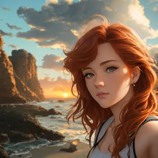 Prompt: portrait, 21 years old, redhead with light brown highlights, taking a selfie, wild hair, beah in the background, sunset, highly detailed, detailed and high quality background, oil painting, digital painting, Trending on artstation , UHD, 128K,  quality, Big Eyes, artgerm, highest quality stylized character concept masterpiece, award winning digital 3d, hyper-realistic, intricate, 128K, UHD, HDR, image of a gorgeous, beautiful, dirty, highly detailed face, hyper-realistic facial features, cinematic 3D volumetric
