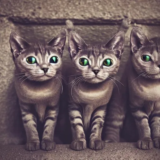 Prompt: 3 headed cats with 4 eyes
