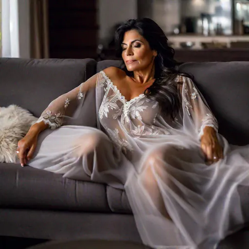 Prompt: 40 years latina mother Long, dark brown hair, with a few streaks of gray fall asleep on the couch laying down wearing slightly revealing see through nightgown in the living room 