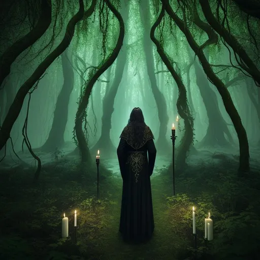 Prompt: back view of male sorcerer in the woods speaking to the gods, candles lit, a statue with vines on it, spring, forested area, birds, amulets, dark clothing, black jacket, long flowing hair, witchcraft, realistic eyes, apostate, vivid colors, masterpiece, art by HR Giger, dark contrast, 3D lighting, view of lake in background