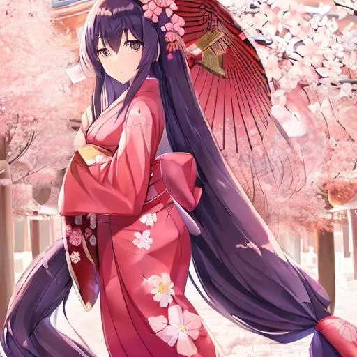 Prompt: Butiful girl with very very long hair and a sakura  kimono