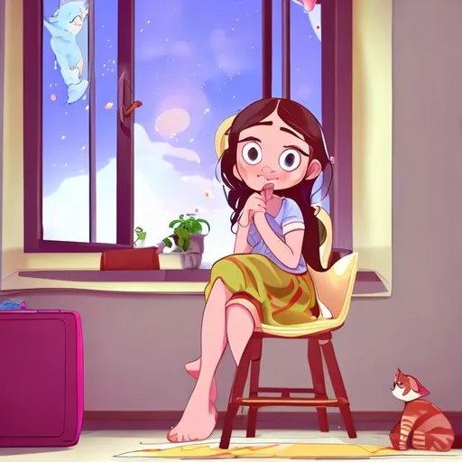 Prompt: a animated girl siting on a chair near window and cat playing near her foot