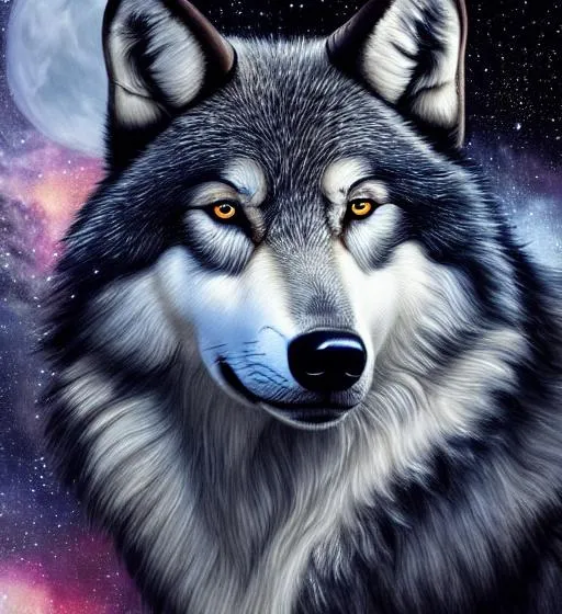 Prompt: Painting of a wolf mixed with horns of a ram, with black hair, astronomy background, perfect composition, hyperrealistic,  detailed, 8k, high quality, trending art, trending on instagram, sharp focus, studio photo, intricate details, highly detailed, by carnby Kim 