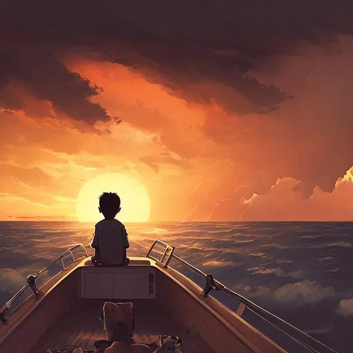 Prompt: a boy views a beautiful sunset atop a boat. Behind him is a passing violent storm. The boy lives in a barren and desolate world. He is alone except for a dog next to him. His lone companion.