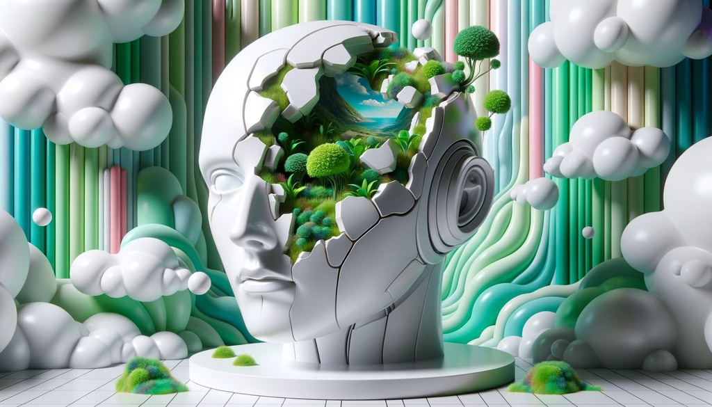 Prompt: Render of a white robot head made of sleek metal. The head is cracked in multiple areas, revealing vibrant green plants growing from within. The scene is heavily influenced by pop surrealism, with a background that has a fantastical and whimsical feel.