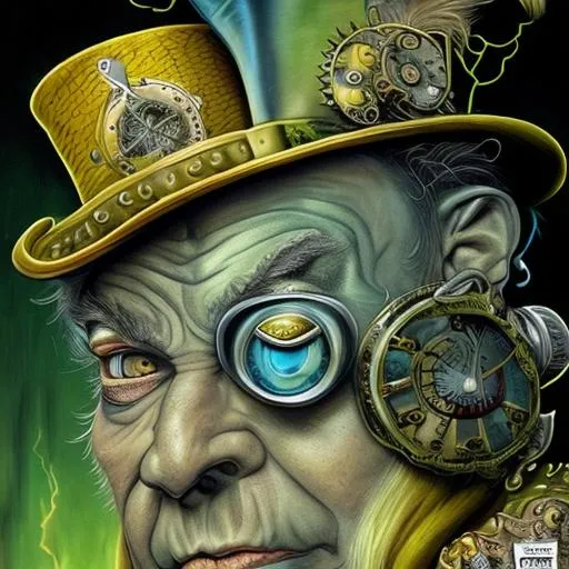Prompt: ultra sharp, highly detailed, highest quality, character portrait, Steampunk Mad Hatter, art by Alex Ross and Brian Bolland and Dr. Seuss and John Tenniel and George Cruikshank and Maurice Sendak and Neal Adams, smooth, sharp focus, trending on artforum, behance hd