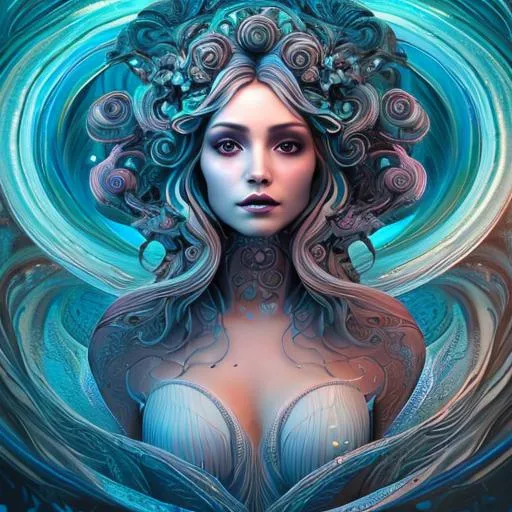 Prompt: illustration of a beautiful woman in her 30s, goddess of the fae, in the water, in spiral wave water, perfect symmetrical face, makup, dramatic background, seductive, 105mm, creative bokeh, full body, intricate clothing, fantasy, artstation, very complex hyper-maximalist, overdetailed, 3d ray tracing,  tribal, 8k resolution, Ultra-detailed 3D Octane Render, photorealistic, concept art, Sharp Focus, golden ratio, low-angle, intense shadows, intense lighting, splash screen, tonemapping.