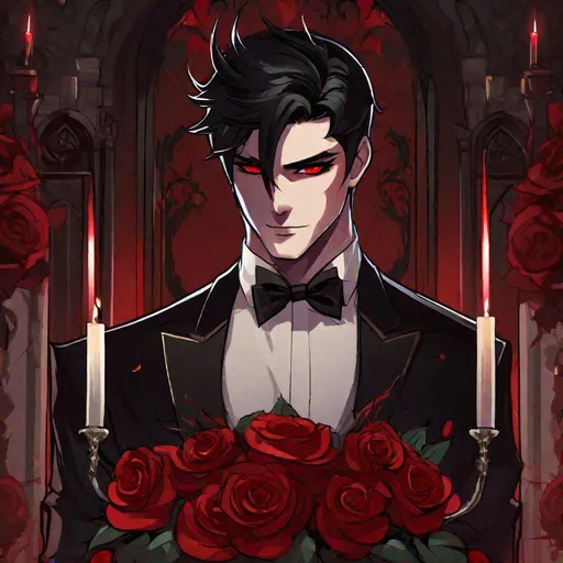 Prompt: Damien  (male, short black hair, red eyes) demon form, wearing a tuxedo, standing at the altar, biting his lip seductively, holding out a rose, wearing a crown, holding a knife
