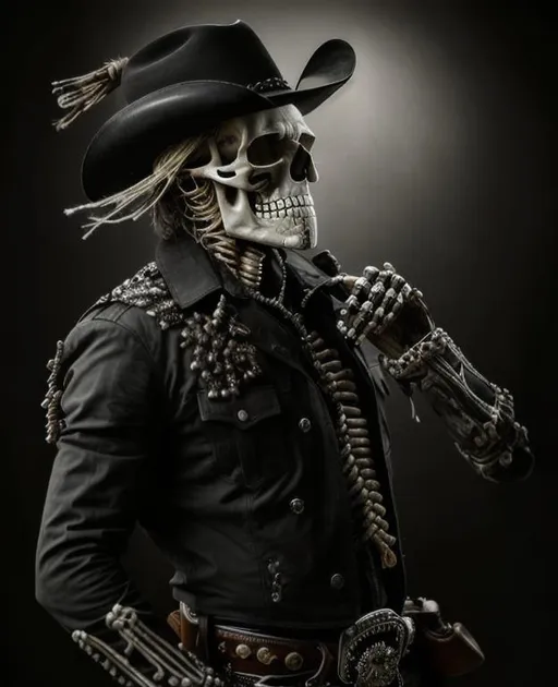 Prompt: Overdetailed Photorealistic Portrait of a Skeleton Cowboy, Detailed skull Face, White Wispy hair Detailed Hands, Splatters of blood on Black Duster, Intricately Detailed, Award Winning, Photograph, Film Quality