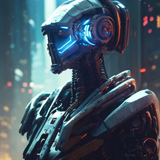 Prompt: Robot cyberpunk cyborg with glowing visor as a realistic scifi cyberpunk knight, medium shot, intricate,unreal engine, cozy indoor lighting, artstation, detailed, digital painting,cinematic,character design by mark ryden and pixar and hayao miyazaki, unreal 5, daz, hyperrealistic, octane render female
