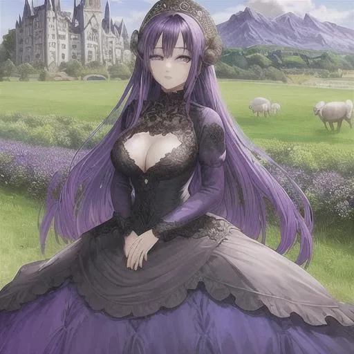 Prompt: anime eyes, beautiful intricate purple hair, intricate ball gown, in a field with sheep and a castle in the background, blue sky's, bright colors mountains
