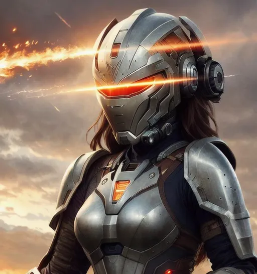 Prompt: Using the image provided create Poster art of a female wearing mech armour, use the image provided to make the face, high-quality high-detail highly-detailed breathtaking hero ((by Aleksi Briclot and Stanley Artgerm Lau)) - ((image provided )), wearing carbon fibre armour, full form, epic, 8k HD, fire and ice, sharp focus, ultra realistic clarity. Hyper realistic, Detailed face, portrait, realistic, close to perfection,
wearing gold armour , wearing carbon fibre Armour, full body, high quality cell shaded illustration, ((full body)), dynamic pose, perfect anatomy, centered, freedom, soul, Black long hair, approach to perfection, cell shading, 8k , cinematic dramatic atmosphere, watercolor painting, global illumination, detailed and intricate environment, artstation, concept art, fluid and sharp focus, volumetric lighting, cinematic lighting, 
