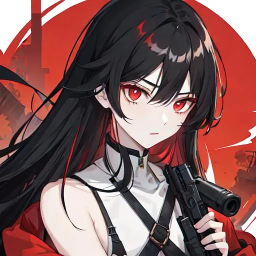 Prompt: 1male (pale) (long black hair) (red eyes) holding a gun, nuclear fallout