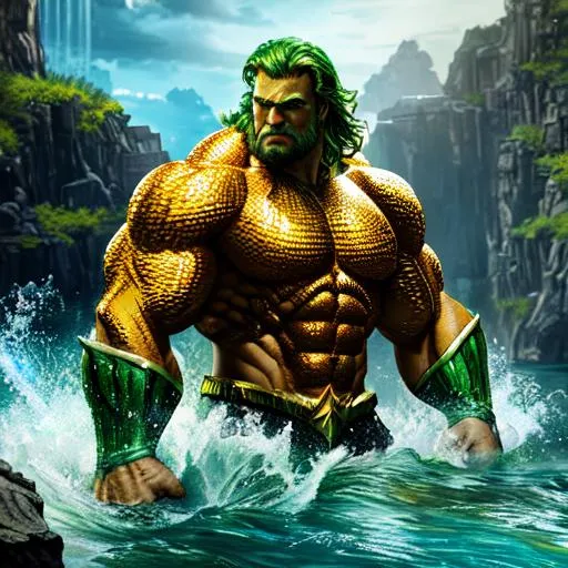 Prompt: Aquaman as Hulk, beautiful photograph of most beautiful fictional, extremely, detailed environment, detailed background, intricate, detailed skin, natural colors , professionally color graded, photorealism, 8k, moody lighting.