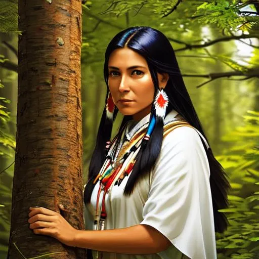 Prompt: native american woman in a deciduous forest, high detailed