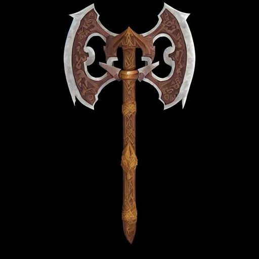 Prompt: video game design, concept art, ceremonial dwarven axe, black background, by trent kaniuga