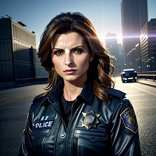 Prompt: {wide angle} {long shot} {center shot} 3D, HD, Dark, Sinister, Dangerous, Stana Katic as super hot {Police Officer}) {facing camera}, Expansive Urban background, ultra-detailed, backlit, shadows, ultra-sharp focus, detail, ominous, symmetrical, golden ratio, intricate, cinematic character render, unreal engine 5, 64K --s98500 open unbuttoned