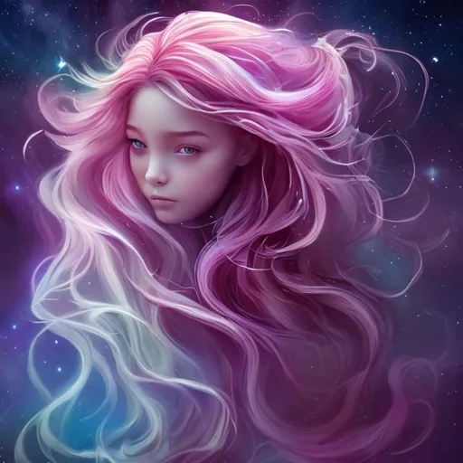 Prompt: Bloom, Nebula, Young girl, Long Flowing hair, Flowery