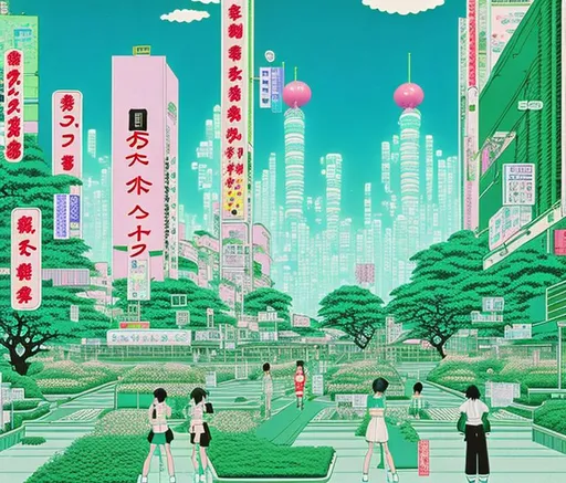 Prompt: Hiroshi Nagai, 80s city pop, Green garden, city in the backround
