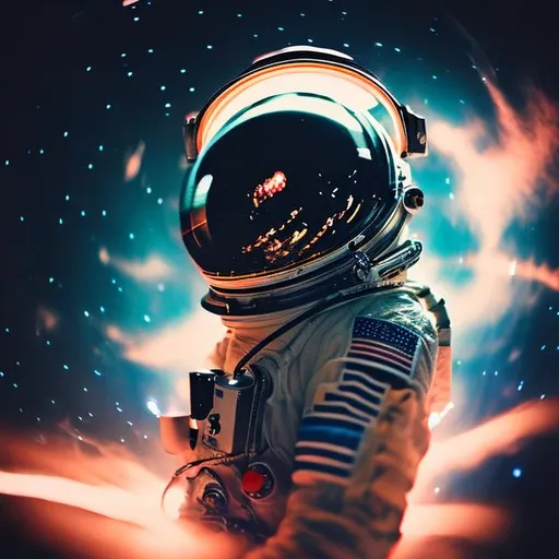 Prompt: Long shot long exposure photo, of an astronaut drifting in space, her back to the camera, cinematic lighting, symmetrical, Polaroid photography, highly detailed
