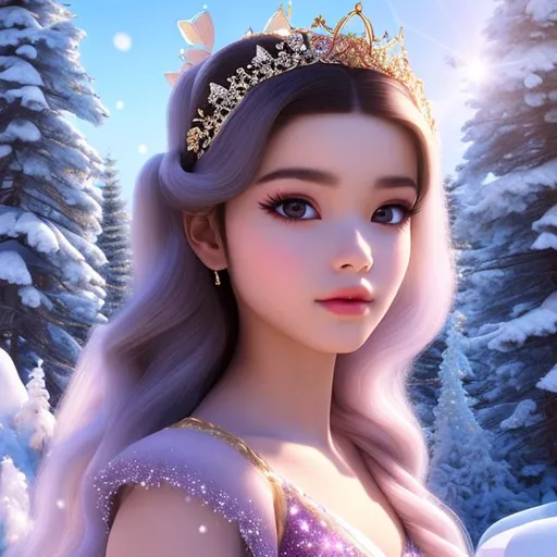 Prompt: High quality fairy kingdom Princess with black with snow flakes long hair, hyper realistic, brown eyes, cherry lips, smooth and soft skin, 4HD, 1080p. Sparkles, renaissance dress