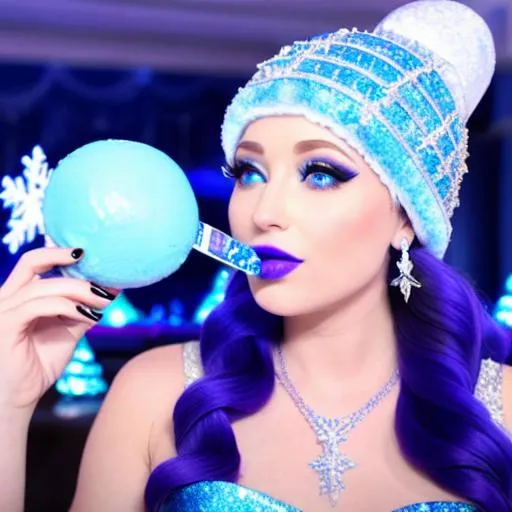 Prompt: Ice Queen Kayleigh McEnany, Elsa, eating blue ice cream in winter palace, blue lipstick, city skyline, windy and snowing, blue heart necklaces, Large frozen Ball Gown, pleasant face, blue eyes, Black-purple eyeshadow, Sugar Hat, extremely large ice earrings. Cold color scheme, ultradetailed, 8k resolution, perfect, smooth, high quality, shiny. 