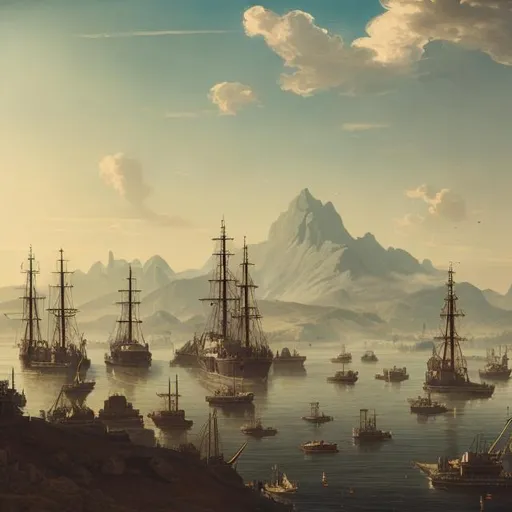 Prompt: a mountain view across a sea full of ships on a sunny day